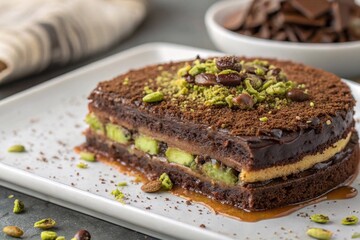 Gourmet chocolate pistachio dessert slice on plate. A rich layered chocolate and pistachio dessert served on a white plate, topped with chopped nuts and chocolate shavings