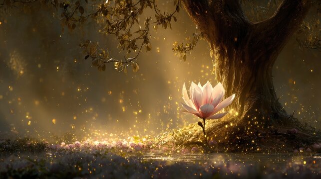 A radiant tulip blooming under an enchanted tree casting ethereal golden light on its petals