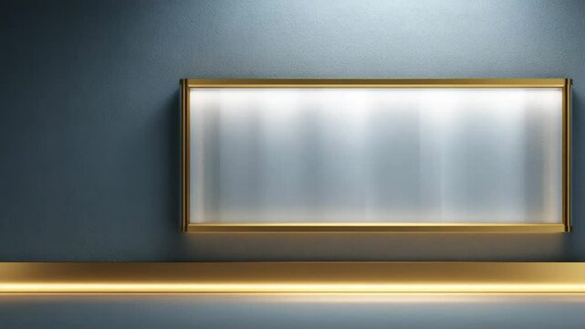 Illuminated display case with gold frame against a textured blue wall. Modern, minimalist design with subtle lighting.  Empty space for product placement. Clean lines and sleek aesthetic.