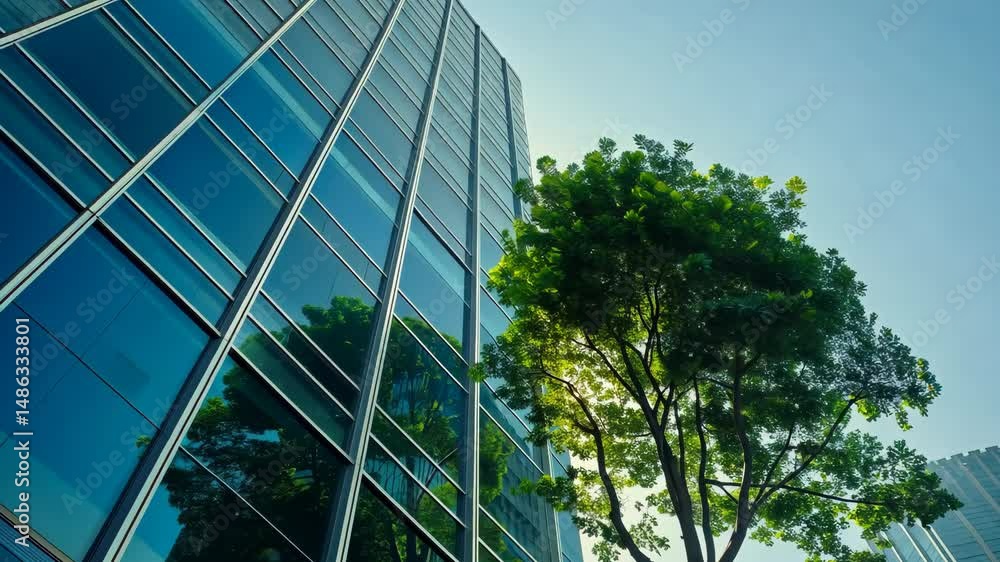 Poster urban landscape with modern building reflecting sunlight and tree in foreground capturing nature and