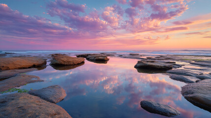 Vibrant sunset reflecting on tidal pools at coastal rocks near the shoreline