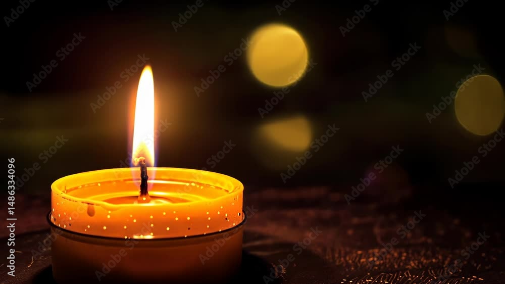 Poster flickering candlelight in dark environment with soft glowing background and reflections on surface f