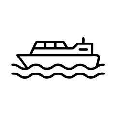 Minimalist black outline vector icon of a ferry boat with waves and deck structure in side profile, symbolizing tourism, transport, and travel in a clean and simple design.
