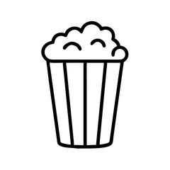 Minimalist black outline vector icon of a popcorn bucket, symbolizing cinema, movie, and entertainment in a clean and simple design.