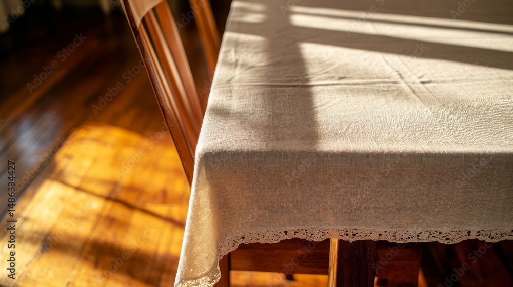 Poster close-up view of a white linen tablecloth featuring intricate lace designs, casting soft shadows and