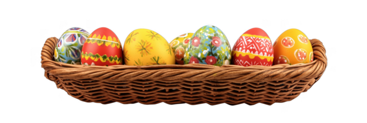 Colorful Easter eggs in decorative basket showcasing vibrant designs and patterns, isolated on transparent background, png