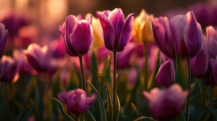 Obraz premium A romantic sunset tulip garden filled with golden light transitioning into deep pink and purple tones