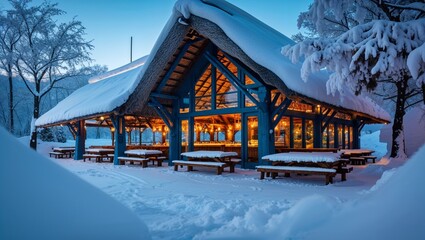 A snowy scene featuring a building with a thatched roof and picnic tables covered in snow outside it