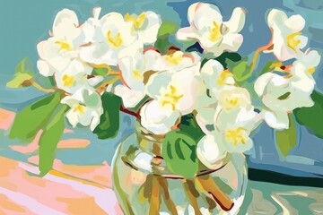 Fototapeta na wymiar Jasmine flowers in the vase painting art plant.