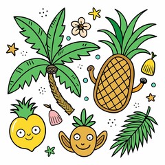 Tropical fruit and flower cartoon illustration