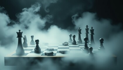 Mystical chess game: Strategy, competition, dark atmosphere, fog