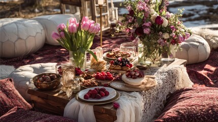A romantic tulip meadow picnic with a beautifully prepared feast on a luxurious cozy setup