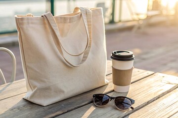 Reusable Tote Bag with Coffee and Sunglasses Outdoors. Eco-friendly canvas tote bag, takeaway coffee cup, and sunglasses on a wooden table in warm sunlight, symbolizing sustainable lifestyle