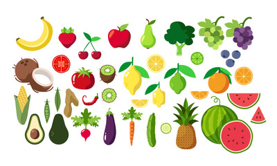 Fruits and veggies vector vegan food set. illustration with vegetables, berries and fruits isolated. Grapes, Watermelon, Banana, Corn, Eggplant, Tomato, Cucumber.
