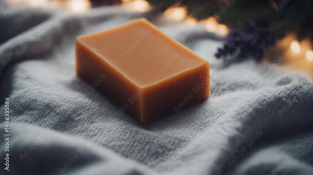 Poster handcrafted amber-toned soap rests on soft linen, surrounded by delicate lavender sprigs and warm bo