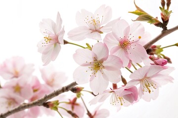 Obraz premium Delicate cherry blossoms on white background. Close-up of soft pink cherry blossom flowers blooming on tree branches, isolated against a bright white springtime background