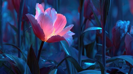 A sci-fi tulip glowing intensely with neon effects in a high-tech illuminated garden setting