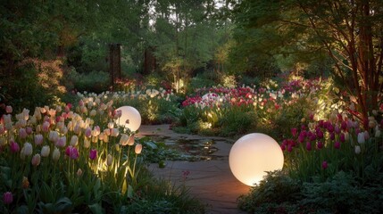 A secret garden filled with radiant tulips surrounded by floating fairy light orbs