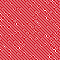 is a seamless pattern with a red background. The pattern is made up of small white lines that form a maze-like design