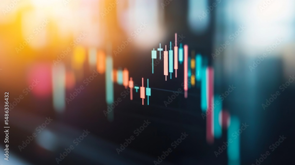 Poster a close-up view of a bright forex candlestick chart illuminates a blurred city skyline, showcasing t