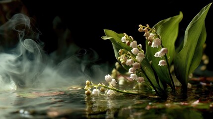 A serene Lily of the Valley arrangement where blossoms seem to hover softly within swirling steam
