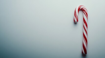 Close-up of a single red and white striped candy cane showcasing its glossy texture, ideal for festive design and seasonal culinary presentations