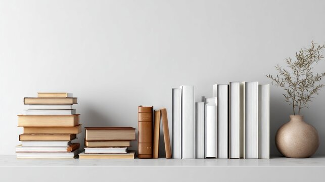 Stacked books and a vase with plant on a white shelf against a plain wall