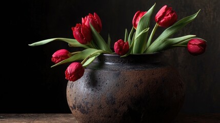 A simple yet striking tulip arrangement with velvety red blooms placed in an aged ceramic vessel