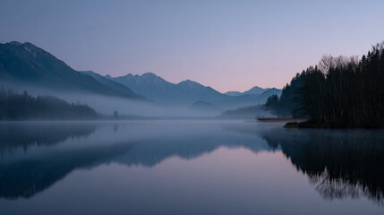 Fototapeta premium Serene morning mist over tranquil lake reflecting mountains at dawn