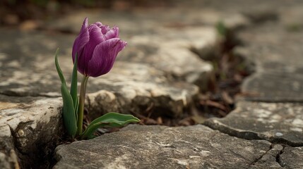 A single purple tulip nestled within weathered cracks of an old stone path, blending elegance with ruggedness