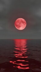 A vast, open sea under a blood-red moon, its waters unnaturally still, reflecting an ominous presence.10