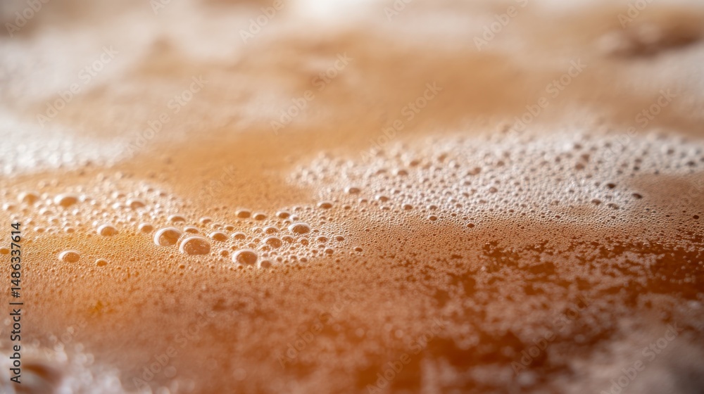 Poster Close-up view captures the textured surface of fizzy birch beer with tiny foam bubbles and reflections, creating an abstract pattern ideal for branding