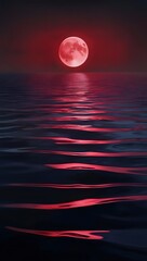 A vast, open sea under a blood-red moon, its waters unnaturally still, reflecting an ominous presence.12