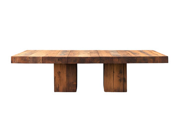 Rustic wooden coffee table with a wide, rectangular top supported by two thick, square legs.  The wood shows rich tones and texture