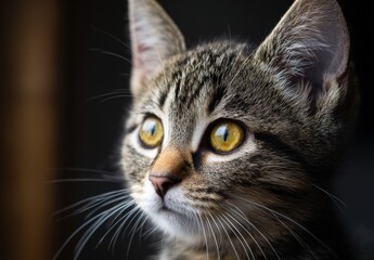 Close-up of a curious tabby kitten gazing intently.