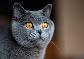 Gray cat with striking amber eyes gazes intently.