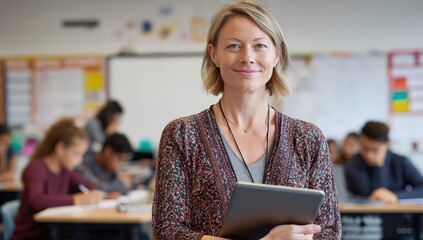 Female teacher with tablet in a diverse classroom.