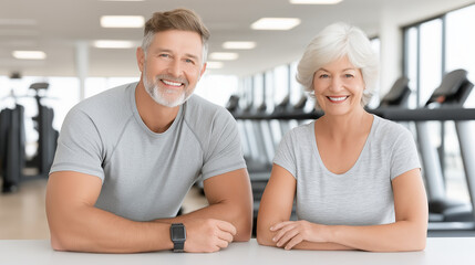 Obraz premium Smiling elderly couple posing at gym after fitness session 