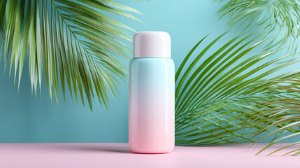 Colorful water bottle against a vibrant tropical background with palm leaves and a soft gradient