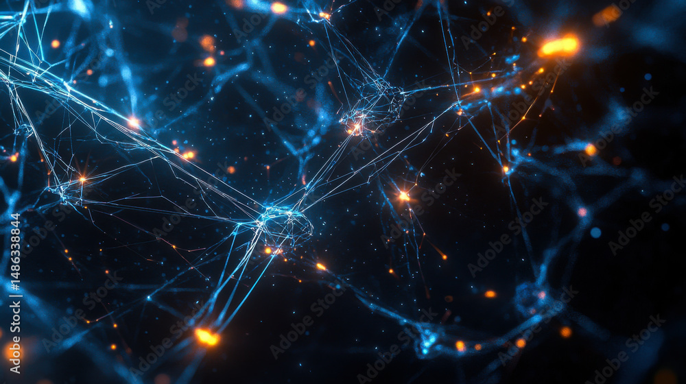 Aufkleber Visual representation of a complex network of connected nodes and glowing particles in a dark background showcasing data flow and connectivity