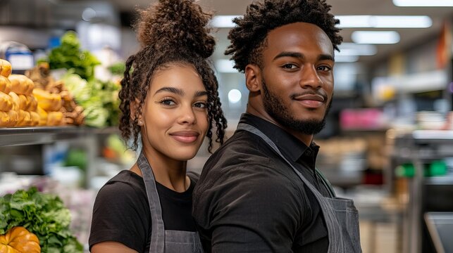 Smiling couple stands together in a grocery store, wearing aprons with fresh produce visible on shelves behind them.
