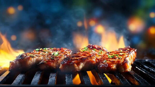 A closeup of grilling with flames and smoke video beef BBQ video a closeup of grilling meat video meat on the grill video summer barbecue video Ultra HD