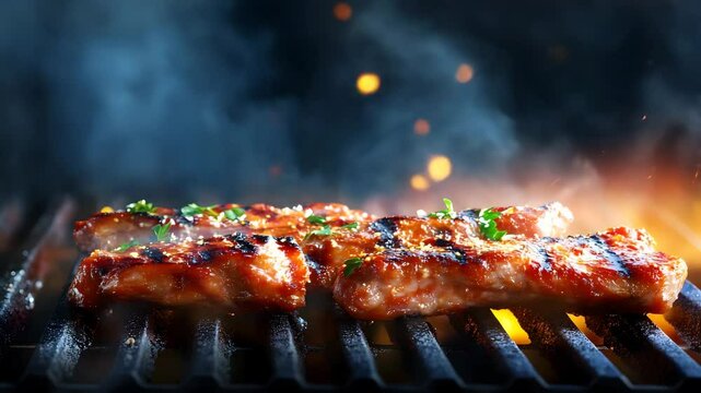 Ultra HD Meat and sausages are fried on a barbecue grill video perfectly grilled steaks video grilled steak on barbecue video meat grilling video