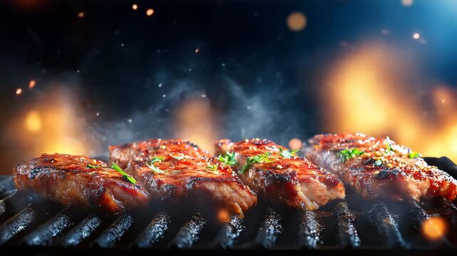 Ultra HD Beef steak is cooked on the grill video mutton BBQ video BBQ picnic video roasted smoky BBQ video grilling meat video winter barbecue video
