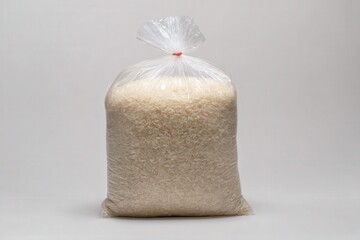 Clear bag filled with white rice.