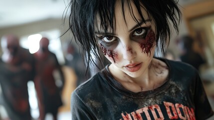 Edgy-haired horror movie enthusiast in a graphic tee, playfully posing at a spooky event, embracing the eerie atmosphere.