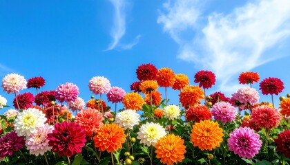 Colorful dahlias flourish against a bright blue sky with wispy clouds