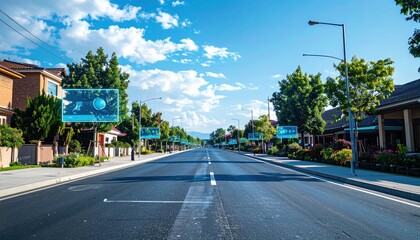 Straight street with futuristic digital displays, houses and trees lining both sides under a bright sky