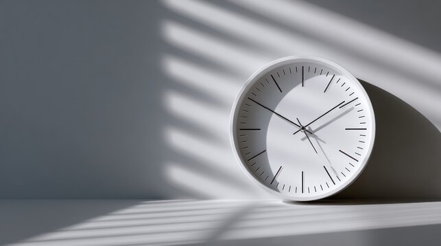 Minimalist white clock against a white wall. Sunlight casts shadows - Powered by Adobe