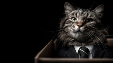 A cat dressed in a small suit stands confidently in a box, delivering a PowerPoint presentation amidst a dark backdrop. The focused expression adds intrigue to the unique scene